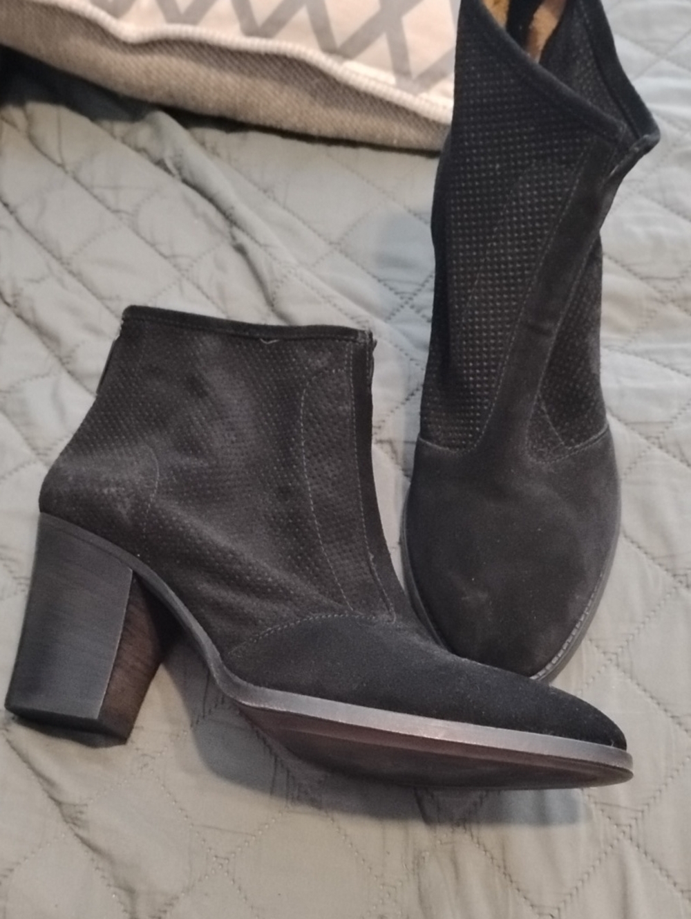 Aquatalia Black Perferated  Suede Mid Heel Ankle Booties